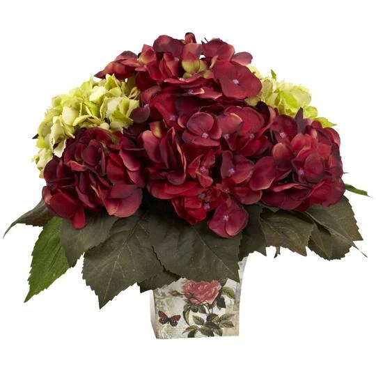 11" Green & Burgundy Hydrangea Arrangement In Floral Vase 3 11" Green & Burgundy Hydrangea Arrangement In Floral Vase
