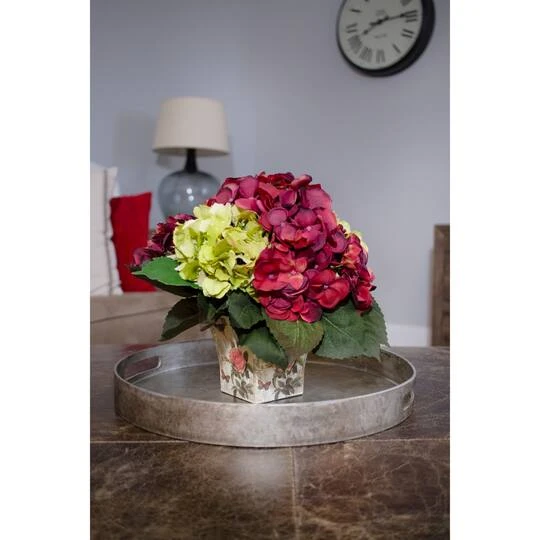 11" Green & Burgundy Hydrangea Arrangement In Floral Vase 5 11" Green & Burgundy Hydrangea Arrangement In Floral Vase - Image 3