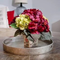 11" Green & Burgundy Hydrangea Arrangement In Floral Vase 12 11" Green & Burgundy Hydrangea Arrangement In Floral Vase -Michaels Shop D251397S 13