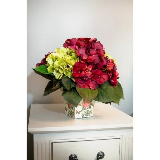 11" Green & Burgundy Hydrangea Arrangement In Floral Vase 7 11" Green & Burgundy Hydrangea Arrangement In Floral Vase - Image 5