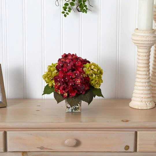 11" Green & Burgundy Hydrangea Arrangement In Floral Vase 8 11" Green & Burgundy Hydrangea Arrangement In Floral Vase - Image 6