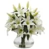16" White Lily Silk Arrangement With Glass Vase