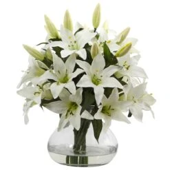16" White Lily Silk Arrangement With Glass Vase