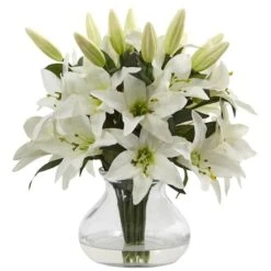 13.5" White Lily Arrangement With Glass Vase