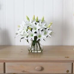 13.5" White Lily Arrangement With Glass Vase -Michaels Shop D251408S 13