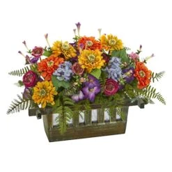 14" Mixed Floral Arrangement In Rectangular Wood Planter
