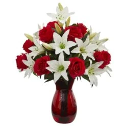 21" Red Roses & White Lilies Arrangement In Red Vase