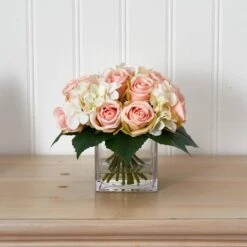9" Pink Rose & Hydrangea Bouquet Arrangement In Vase -Michaels Shop D251451S 13