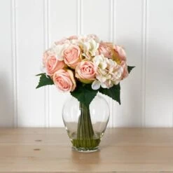 12" Pink & White Rose & Hydrangea Bouquet Arrangement In Glass Vase -Michaels Shop D251453S 12
