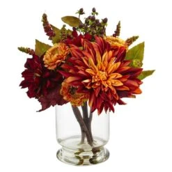 12" Dahlia & Mum Arrangement With Glass Vase