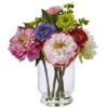 10.5" Peony & Mum Arrangement In Glass Vase