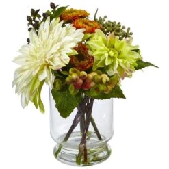 10.5" Dahlia & Mum Arrangement With Glass Vase