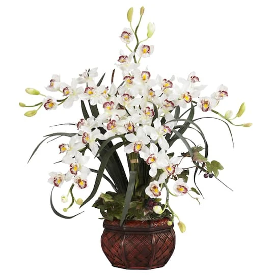30" White Silk Cymbidium Arrangement With Decorative Vase 3 30" White Silk Cymbidium Arrangement With Decorative Vase