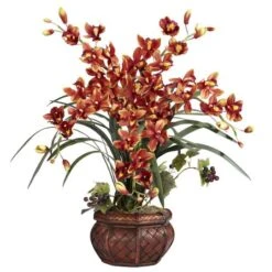 30" Burgundy Silk Cymbidium Arrangement With Decorative Vase