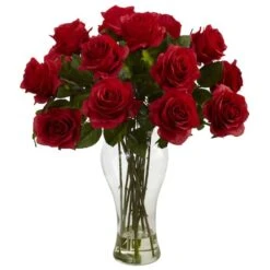 18" Red Rose Arrangement In Glass Vase