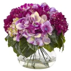 11" Dark Pink Hydrangea Arrangement In Glass Vase