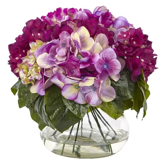 11" Dark Pink Hydrangea Arrangement In Glass Vase 3 11" Dark Pink Hydrangea Arrangement In Glass Vase