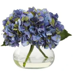 8.5" Blue Blooming Hydrangea In Glass Vase