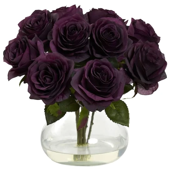 11" Purple Rose Arrangement With Clear Glass Vase 3 11" Purple Rose Arrangement With Clear Glass Vase