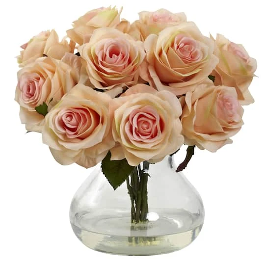 11" Peach Rose Arrangement With Clear Glass Vase 3 11" Peach Rose Arrangement With Clear Glass Vase