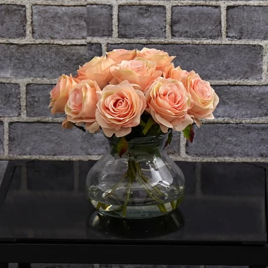11" Peach Rose Arrangement With Clear Glass Vase 6 11" Peach Rose Arrangement With Clear Glass Vase - Image 4