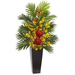 2.9ft. Tropical Floral & Orchid Arrangement In Black Vase