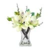 15" White Magnolia Arrangement With Glass Vase
