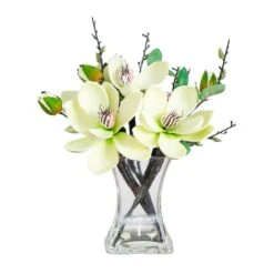 15" White Magnolia Arrangement With Glass Vase