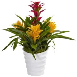 17" Tropical Bromeliad Plant In White Swirl Vase