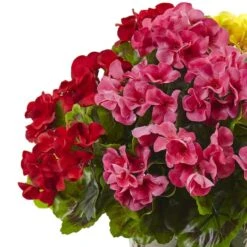 18.5" Yellow, Red & Pink UV Resistant Geranium Arrangement With White Metal Planter -Michaels Shop D251833S 12