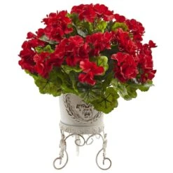 18.5" Red UV Resistant Geranium Arrangement In White Metal Planter