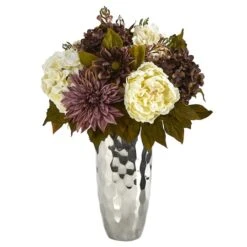 22" Peonies, Hydrangeas & Dahlias In Silver Vase
