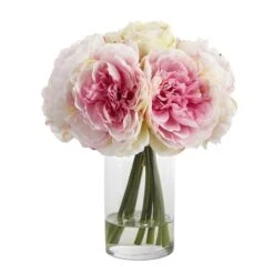 11" Pink Peony Bouquet In Glass Vase