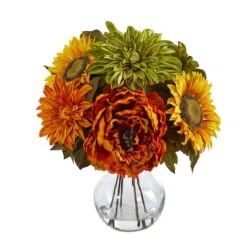 12" Peony, Dahlia & Sunflower Arrangement In Glass Vase