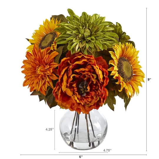 12" Peony, Dahlia & Sunflower Arrangement In Glass Vase 5 12" Peony, Dahlia & Sunflower Arrangement In Glass Vase - Image 3