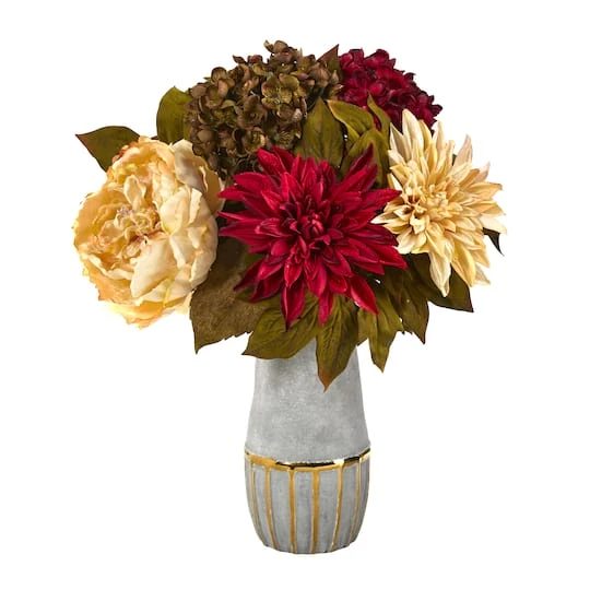17" Peony, Hydrangea & Dahlia Arrangement In Stoneware Vase With Gold Trimming 3 17" Peony, Hydrangea & Dahlia Arrangement In Stoneware Vase With Gold Trimming