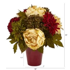 14" Peony, Hydrangea & Dahlia Arrangement In Burgundy Vase -Michaels Shop D262048S 2