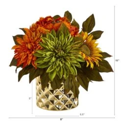 11" Peony, Dahlia & Sunflower Arrangement In Gold Vase -Michaels Shop D262050S 2