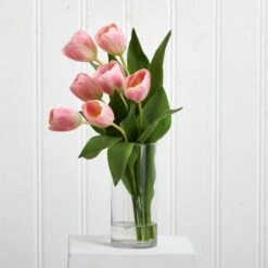16" Pink Tulip Arrangement In Cylinder Vase -Michaels Shop D262087S 13