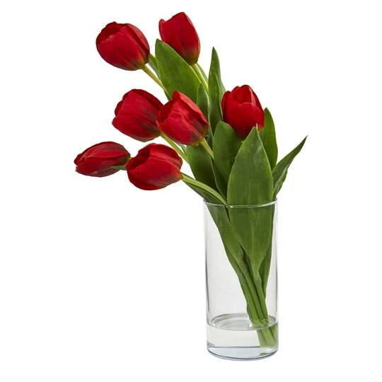 16'' Red Tulip Arrangement In Cylinder Vase 4 16'' Red Tulip Arrangement In Cylinder Vase - Image 2