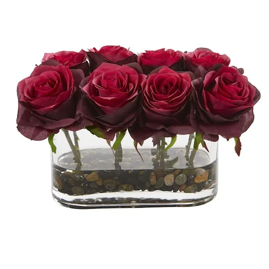 5.5" Burgundy Blooming Roses Arrangement In Glass Vase 3 5.5" Burgundy Blooming Roses Arrangement In Glass Vase