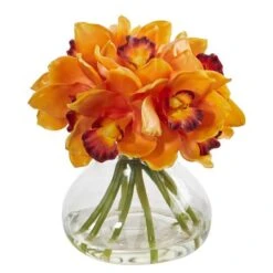 8" Orange Cymbidium Orchid Arrangement In Glass Vase