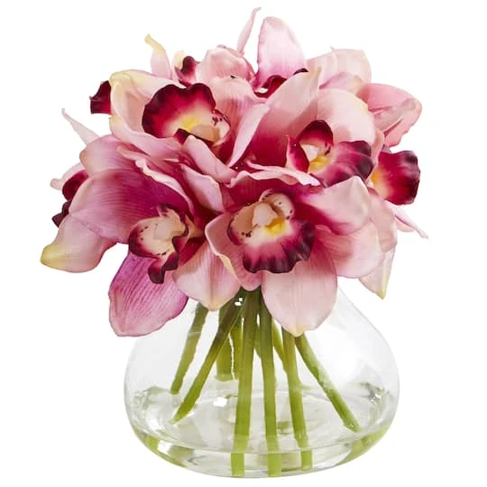 8" Pink Cymbidium Orchid Arrangement In Glass Vase 3 8" Pink Cymbidium Orchid Arrangement In Glass Vase