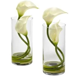 10.5" White Double Calla Lily With Cylinder Vase, 2ct.