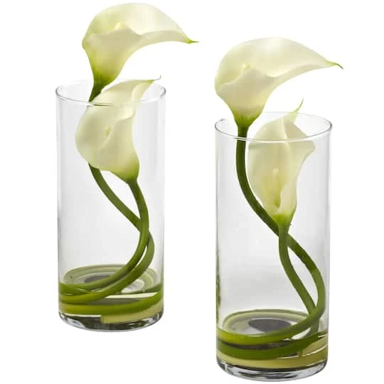 10.5" White Double Calla Lily With Cylinder Vase, 2ct. 3 10.5" White Double Calla Lily With Cylinder Vase, 2ct.