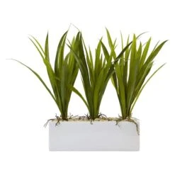 16" Grass In White Rectangular Planter