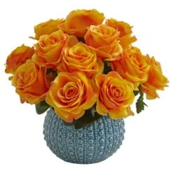 11.5" Orange Rose Arrangement In Blue Ceramic Vase