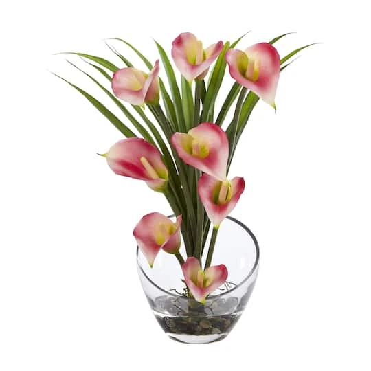 15.5" Pink Calla Lily And Grass Arrangement In Vase 3 15.5" Pink Calla Lily And Grass Arrangement In Vase