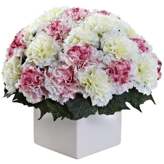 11" Pink And White Carnation Arrangement In Vase 4 11" Pink And White Carnation Arrangement In Vase - Image 2