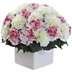 11" Pink And White Carnation Arrangement In Vase